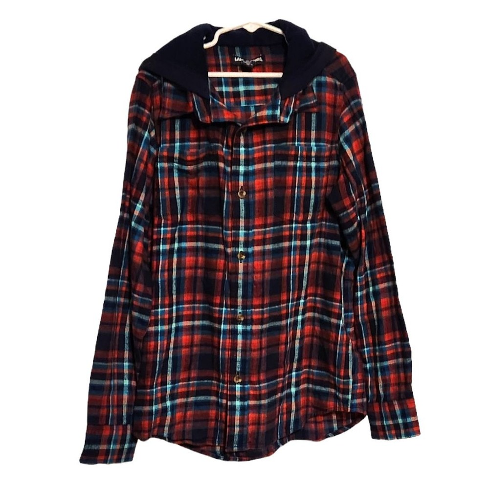Lands’ End Hooded Flannel Shirt Red Blue Plaid Button Down Boys Size XL 14-16